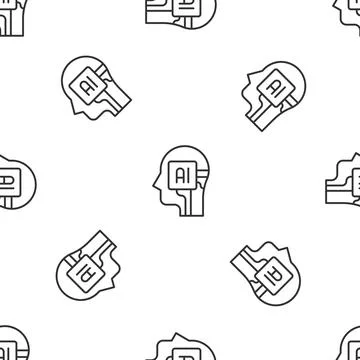 Grey line Humanoid robot icon isolated seamless pattern on white background Stock Illustration