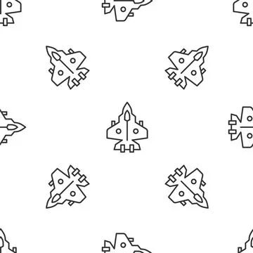 Grey line Jet fighter icon isolated seamless pattern on white background. M.. Stock Illustration