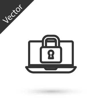 Grey line Laptop and lock icon isolated on white background. Computer and Stockillustratie