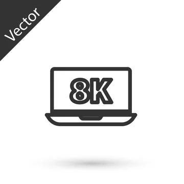 Grey line Laptop screen with 8k video technology icon isolated on white Stock Illustration