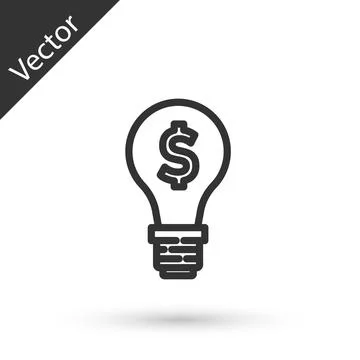 Grey line Light bulb with dollar symbol icon isolated on white background. Mo Stock Illustration