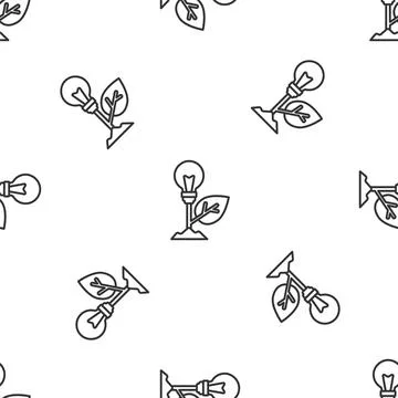 Grey line Light bulb with leaf icon isolated seamless pattern on white Stockillustratie