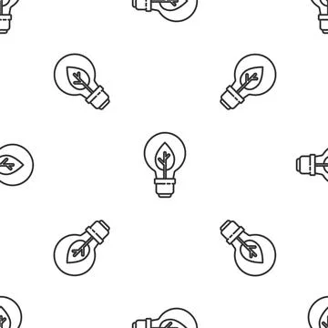 Grey line Light bulb with leaf icon isolated seamless pattern on white Stock Illustration