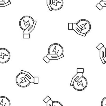 Grey line Lightning bolt icon isolated seamless pattern on white background Stock Illustration
