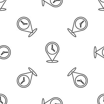 Grey line Location with clock icon isolated seamless pattern on white background Illustrazione stock