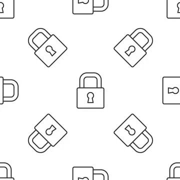 Grey line Lock icon isolated seamless pattern on white background. Padlock sign Stock Illustration