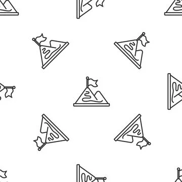Grey line Mountains with flag on top icon isolated seamless pattern on white 스톡 일러스트