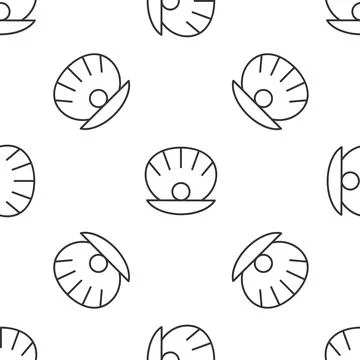 Grey line Natural open shell with pearl icon isolated seamless pattern on white Stock Illustration