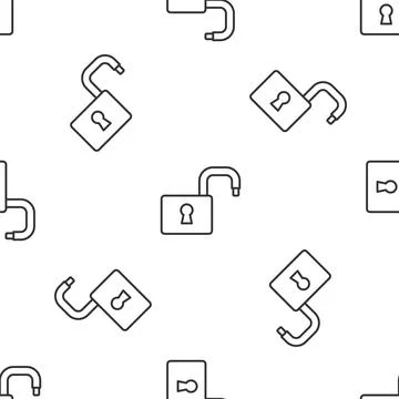Grey line Open padlock icon isolated seamless pattern on white background Stock Illustration