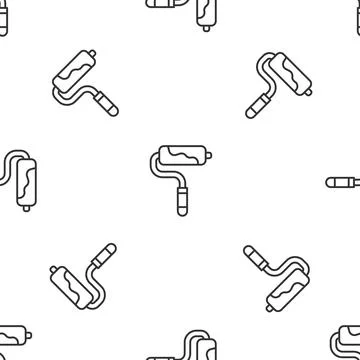 Grey line Paint roller brush icon isolated seamless pattern on white background Stock Illustration