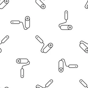 Grey line Paint roller brush icon isolated seamless pattern on white backgrou Stock Illustration