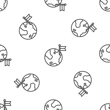 Grey line Planet with flag icon isolated seamless pattern on white background Stock Illustration