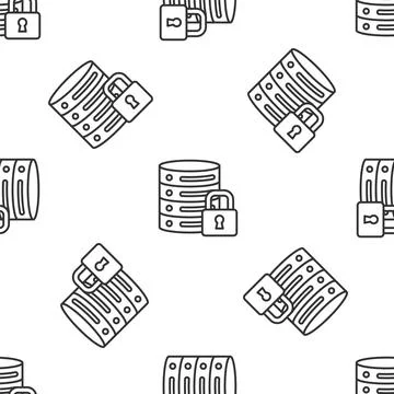 Grey line Server security with closed padlock icon isolated seamless pattern on Stock Illustration