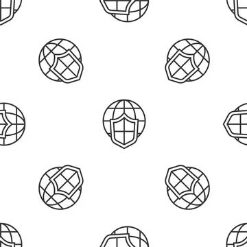 Grey line Shield with world globe icon isolated seamless pattern on white Illustrazione stock