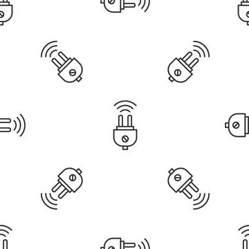 Grey line Smart electric plug system icon isolated seamless pattern on whit.. Stock Illustration
