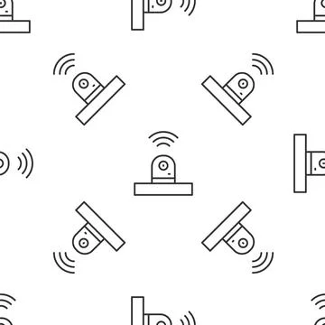 Grey line Smart security camera icon isolated seamless pattern on white Stock Illustration