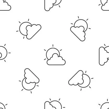 Grey line Sun and cloud weather icon isolated seamless pattern on white Stock Illustration