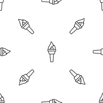 Grey line Torch flame icon isolated seamless pattern on white background. Symbol 库存插图