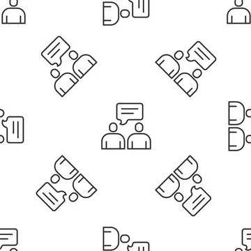 Grey line Two sitting men talking icon isolated seamless pattern on white Illustrazione stock