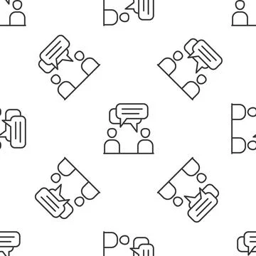 Grey line Two sitting men talking icon isolated seamless pattern on white Illustrazione stock