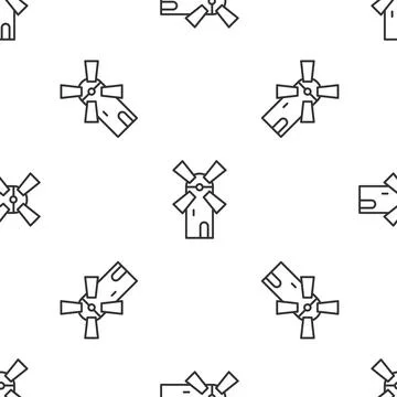 Grey line Windmill icon isolated seamless pattern on white background. Vector 스톡 일러스트