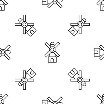 Grey line Windmill icon isolated seamless pattern on white background. Vector Stock Illustration