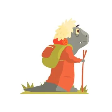 Grey Lizzard Monster With Backpack And Walking Stick, Alien Camping And Hiking Stock Illustration