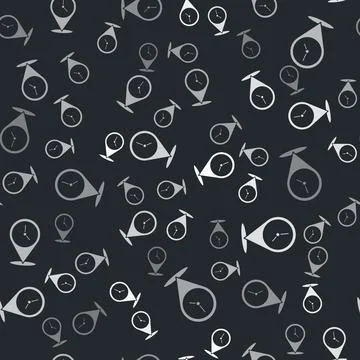 Grey Location with clock icon isolated seamless pattern on black background Stock Illustration