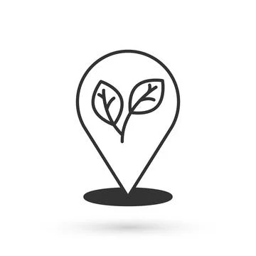 Grey Location pin with leaf inside icon isolated on white background. Leave.. Stock Illustration