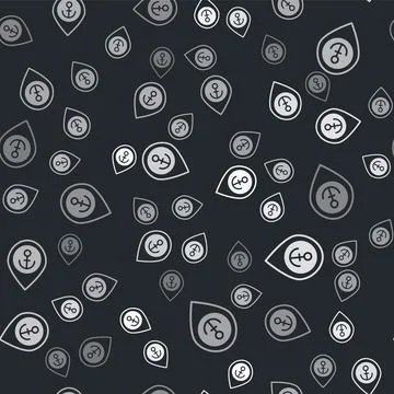 Grey Map pointer with anchor icon isolated seamless pattern on black background Illustrazione stock