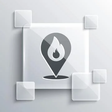 Grey Map pointer with fire flame icon isolated on grey background. Fire nearby 스톡 일러스트