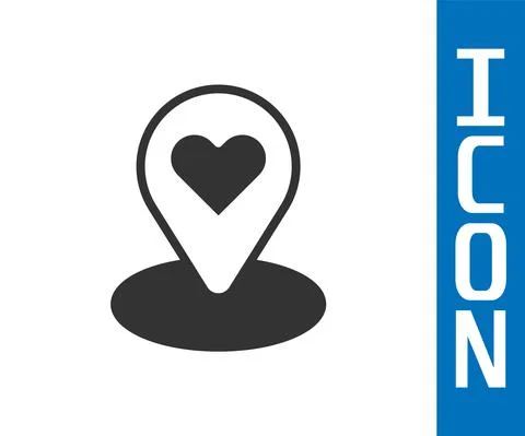 Grey Map pointer with heart icon isolated on white background. Valentines day 스톡 일러스트