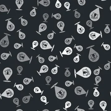 Grey Map pointer with house icon isolated seamless pattern on black background Illustrazione stock