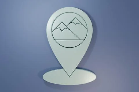 Grey Map pointer with mountain icon isolated on purple-blue background. Mou.. 스톡 사진