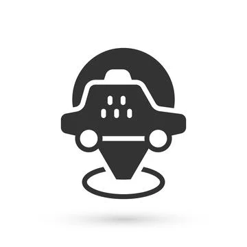 Grey Map pointer with taxi car icon isolated on white background. Location イラスト素材