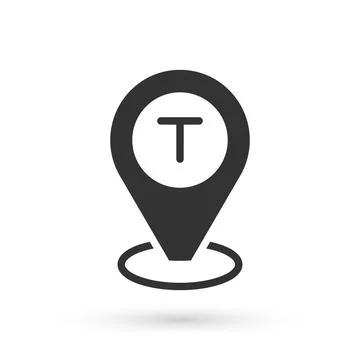 Grey Map pointer with taxi car icon isolated on white background. Location Illustrazione stock