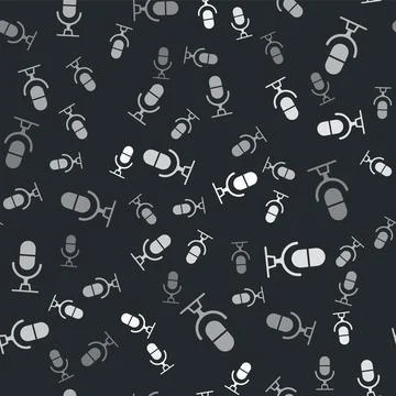 Grey Microphone voice device icon isolated seamless pattern on black background Illustrazione stock