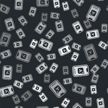 Grey Mobile Apps icon isolated seamless pattern on black background. Smartphone Stockillustratie