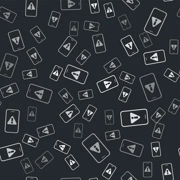Grey Mobile phone with exclamation mark icon isolated seamless pattern on black Stock Illustration