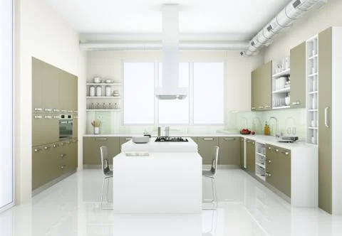 Grey modern kitchen in loft with big windows Stock Illustration