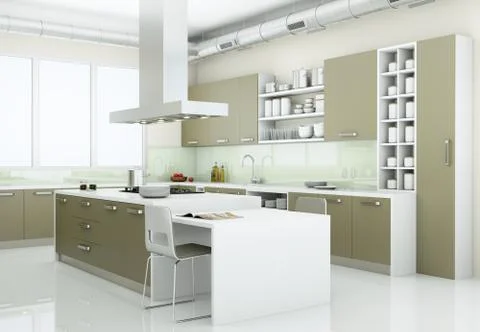 Grey modern kitchen in loft with big windows Stock Illustration