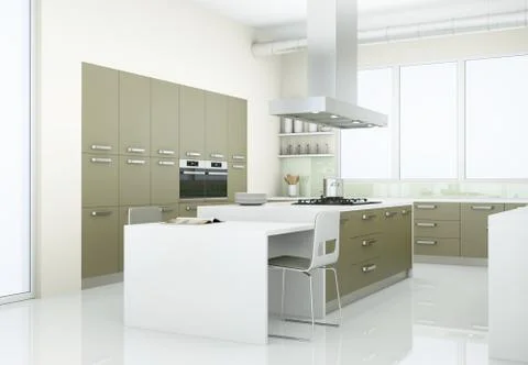 Grey modern kitchen in loft with big windows Stock Illustration