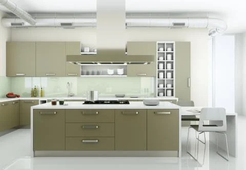 Grey modern kitchen in loft with big windows Stock Illustration