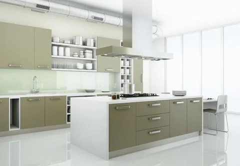 Grey modern kitchen in loft with big windows Stock Illustration