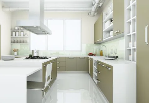 Grey modern kitchen in loft with big windows Stock Illustration