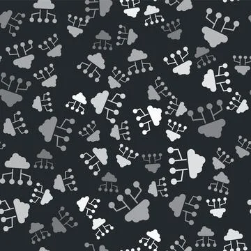 Grey Network cloud connection icon isolated seamless pattern on black background Stock Illustration