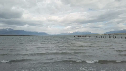 Grey ocean waves on coast with cloudy sky, Patagonia, Chile Video stock 137958033