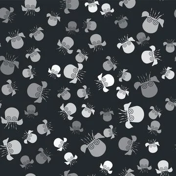 Grey Octopus icon isolated seamless pattern on black background. Vector. イラスト素材