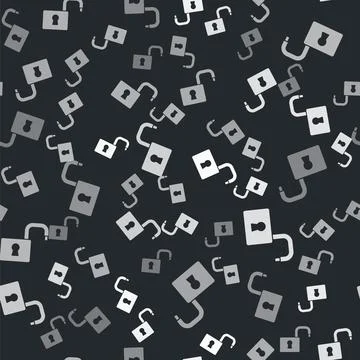 Grey Open padlock icon isolated seamless pattern on black background. Opened 库存插图