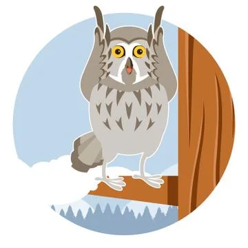 Grey Owl on the winter tree flat background Stock Illustration